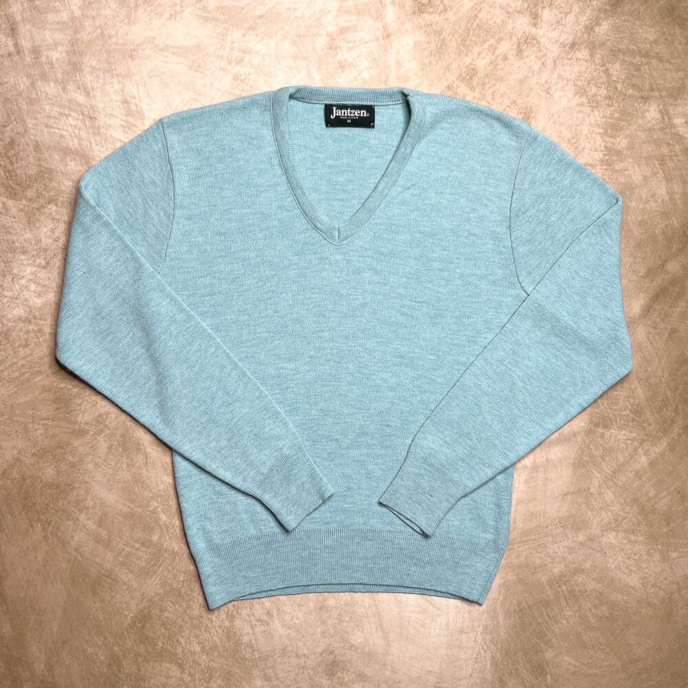 Vintage 90s Jantzen Sweater Tight Knit Blue Pullover V Neck Preppy Retro Classic